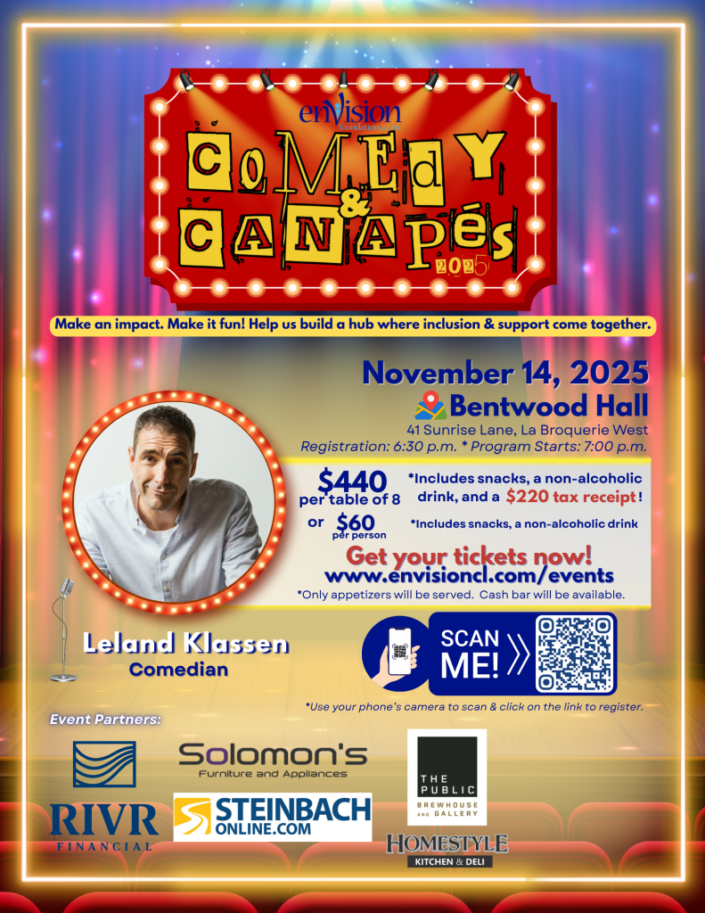 Comedy & Canapes 2025 Event poster featuring Leland Klassen as guest performer on November 14, 2025 at the Bentwood Hall in Labroquerie West